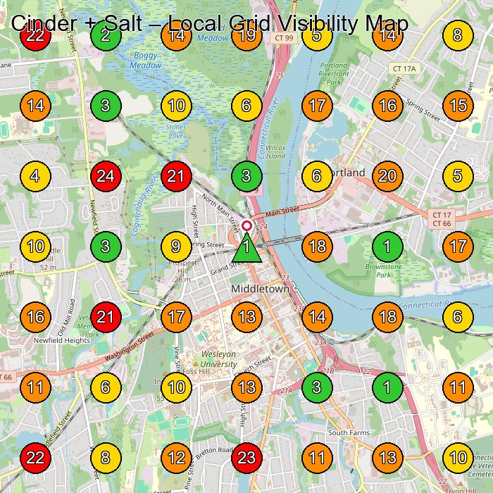 Cinder + Salt Clothing Store GeoGrid ranking map for Middletown CT